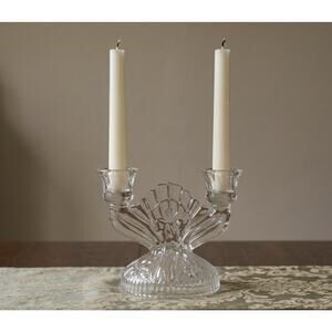 Antique Jeanette Sunburst Herringbone 6" Crystal Two Candelabra, 1930s GUC